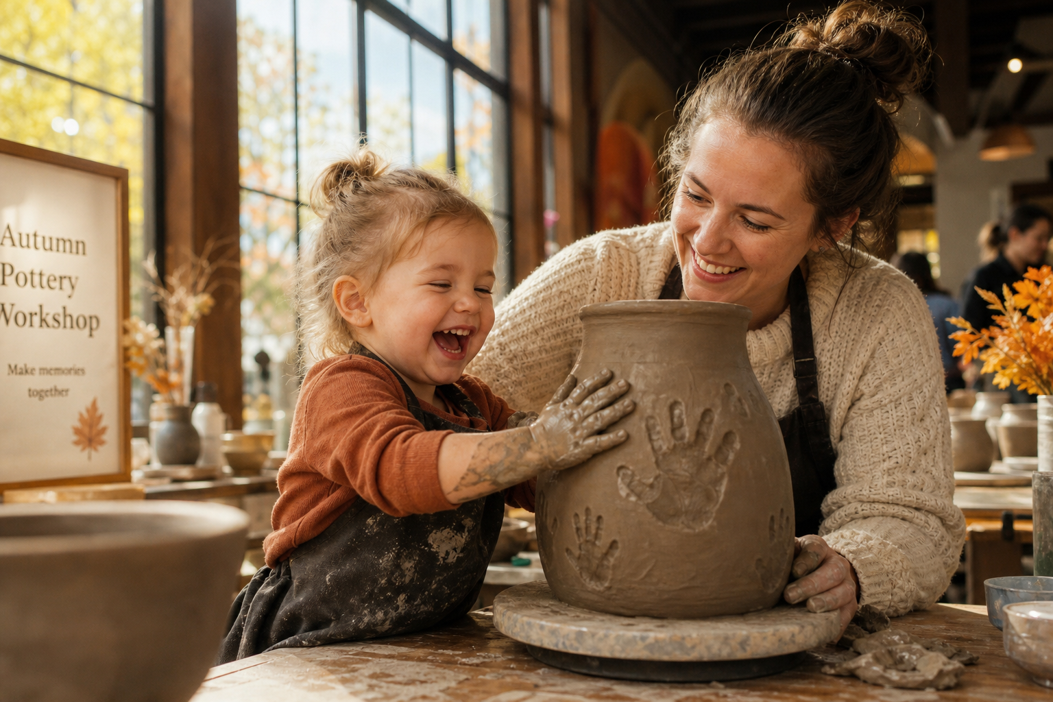 Un tout-petit qui fait des empreintes sur un objet en argile à une table d’atelier de musée, un adulte souriant qui aide. Image générée.