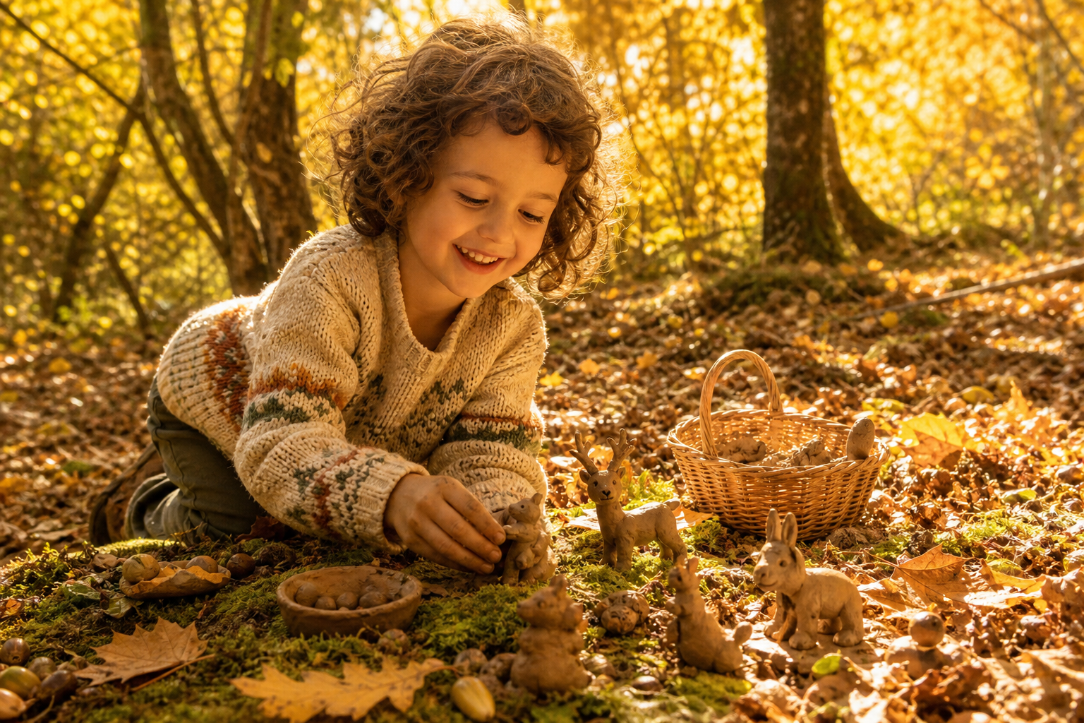Un enfant agenouillé sur un tapis de feuilles en lumière dorée, qui modèle de petites créatures en argile dans la mousse. Image générée.