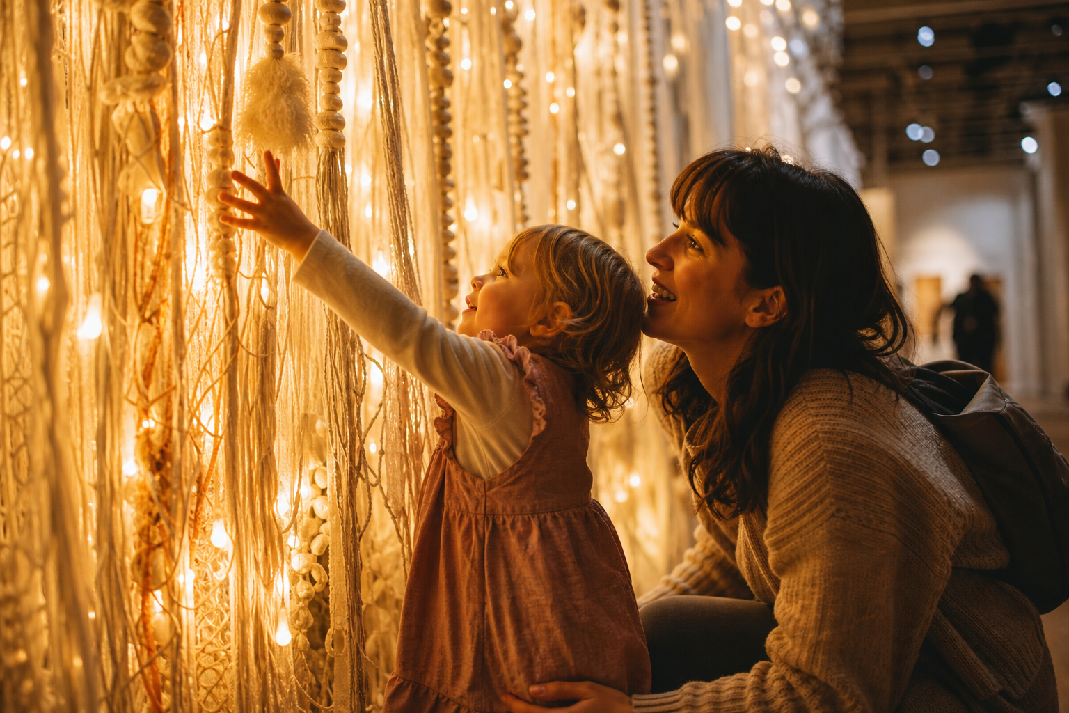 Un enfant qui tend la main vers une installation d’art lumineuse dans un musée, un parent accroupi à côté qui sourit. Image générée.