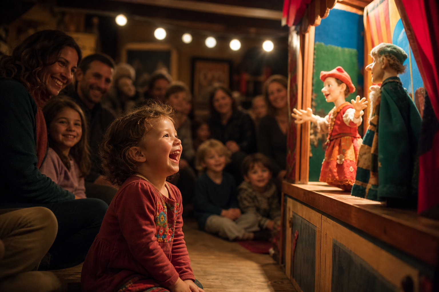 Un enfant qui rit devant un spectacle de marionnettes colorées sur une petite scène, d’autres familles autour. Image générée.