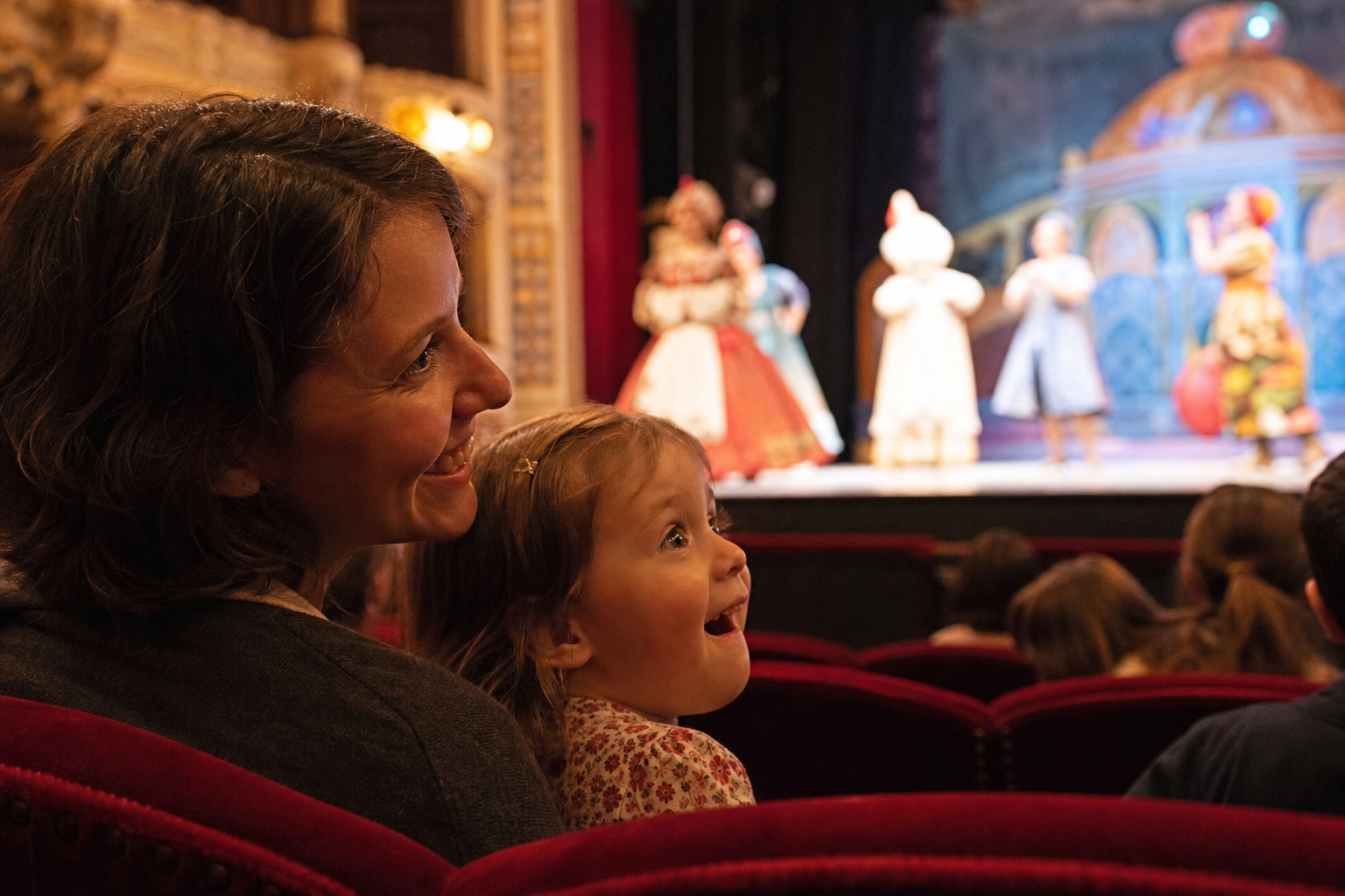 Un parent et un enfant assis dans des fauteuils de velours rouge qui regardent un spectacle d’opéra pour enfants. Image générée.